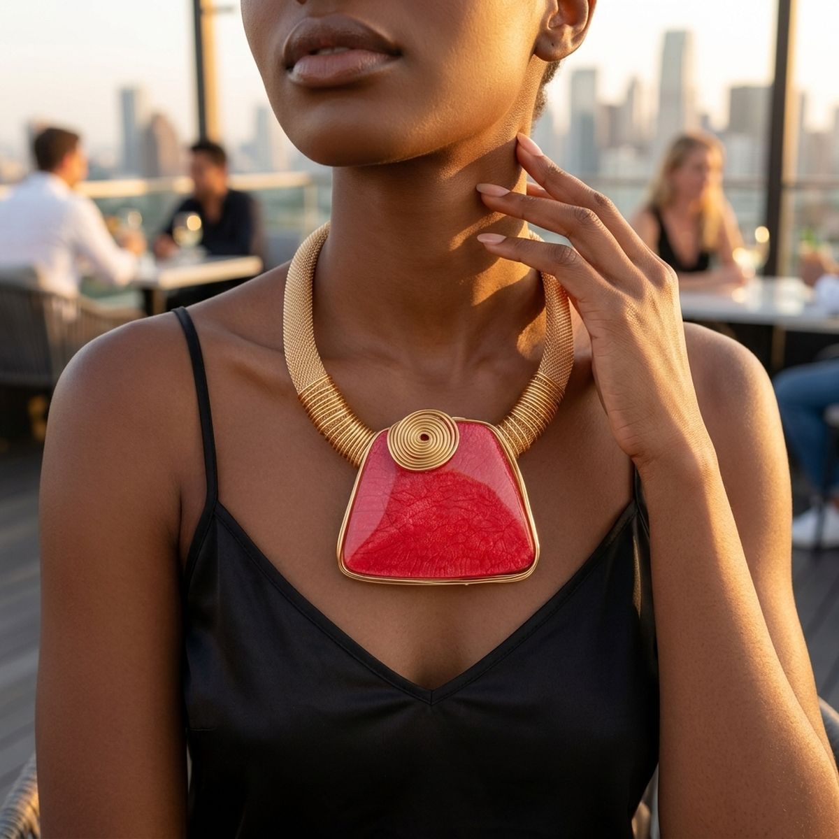 Large Red Resin Pendant Gold Mesh Collar Necklace
