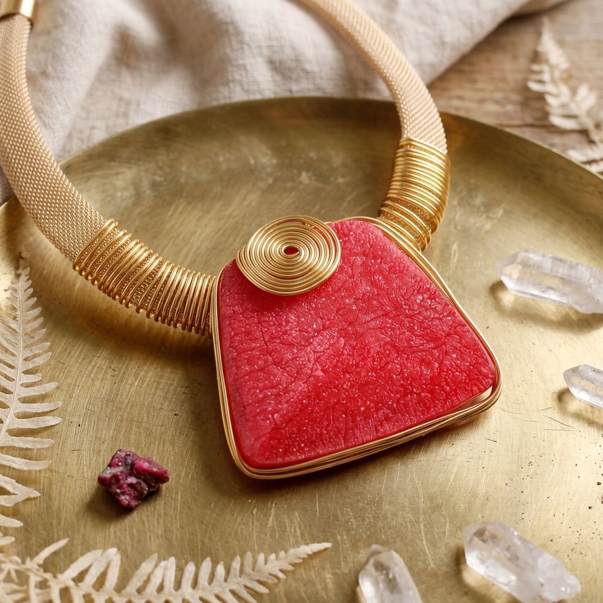 Large Red Resin Pendant Gold Mesh Collar Necklace