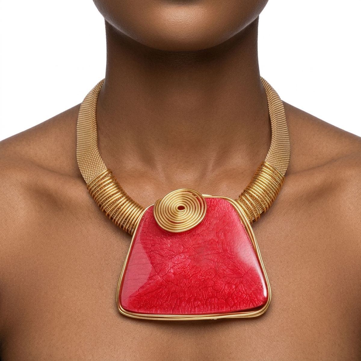 Large Red Resin Pendant Gold Mesh Collar Necklace