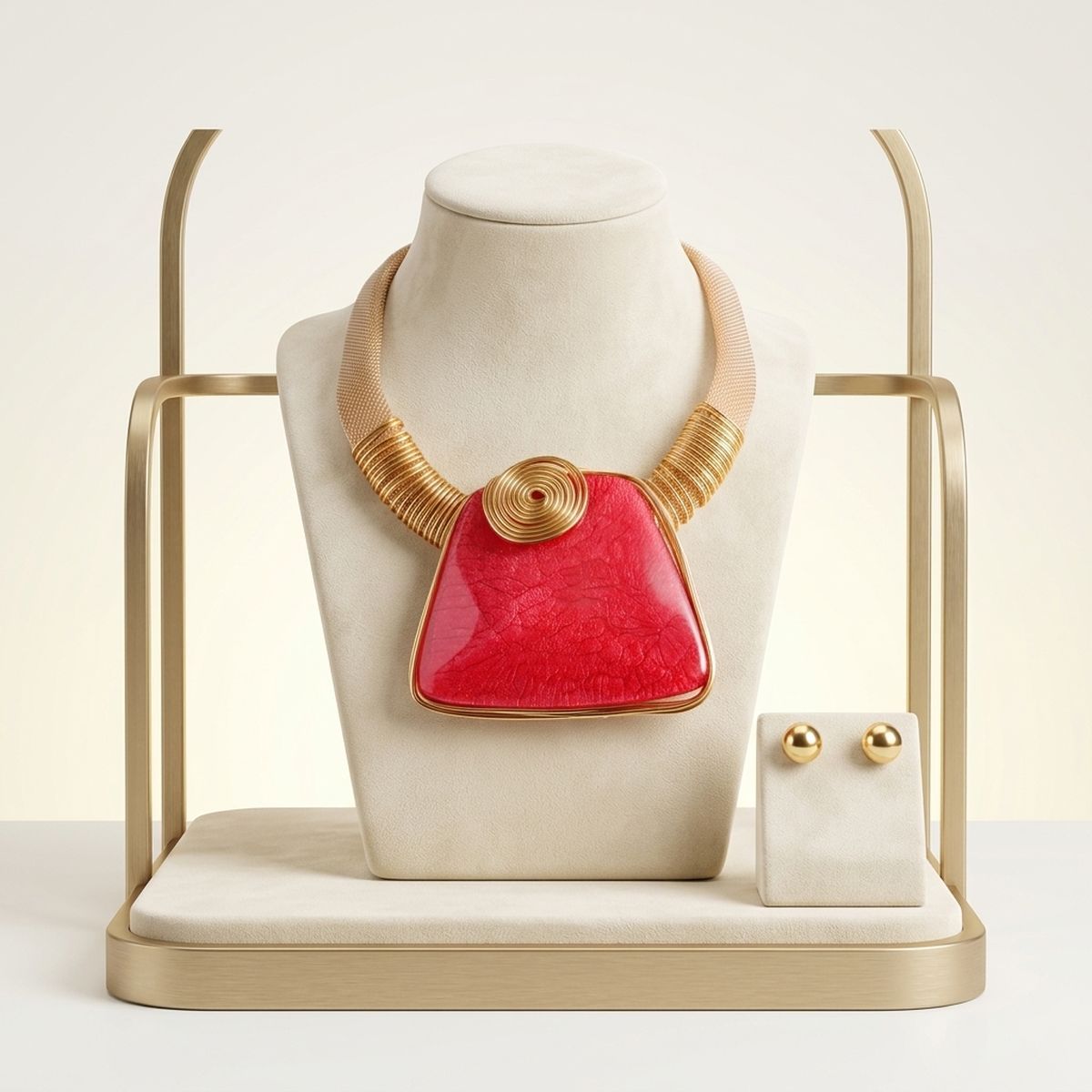 Large Red Resin Pendant Gold Mesh Collar Necklace