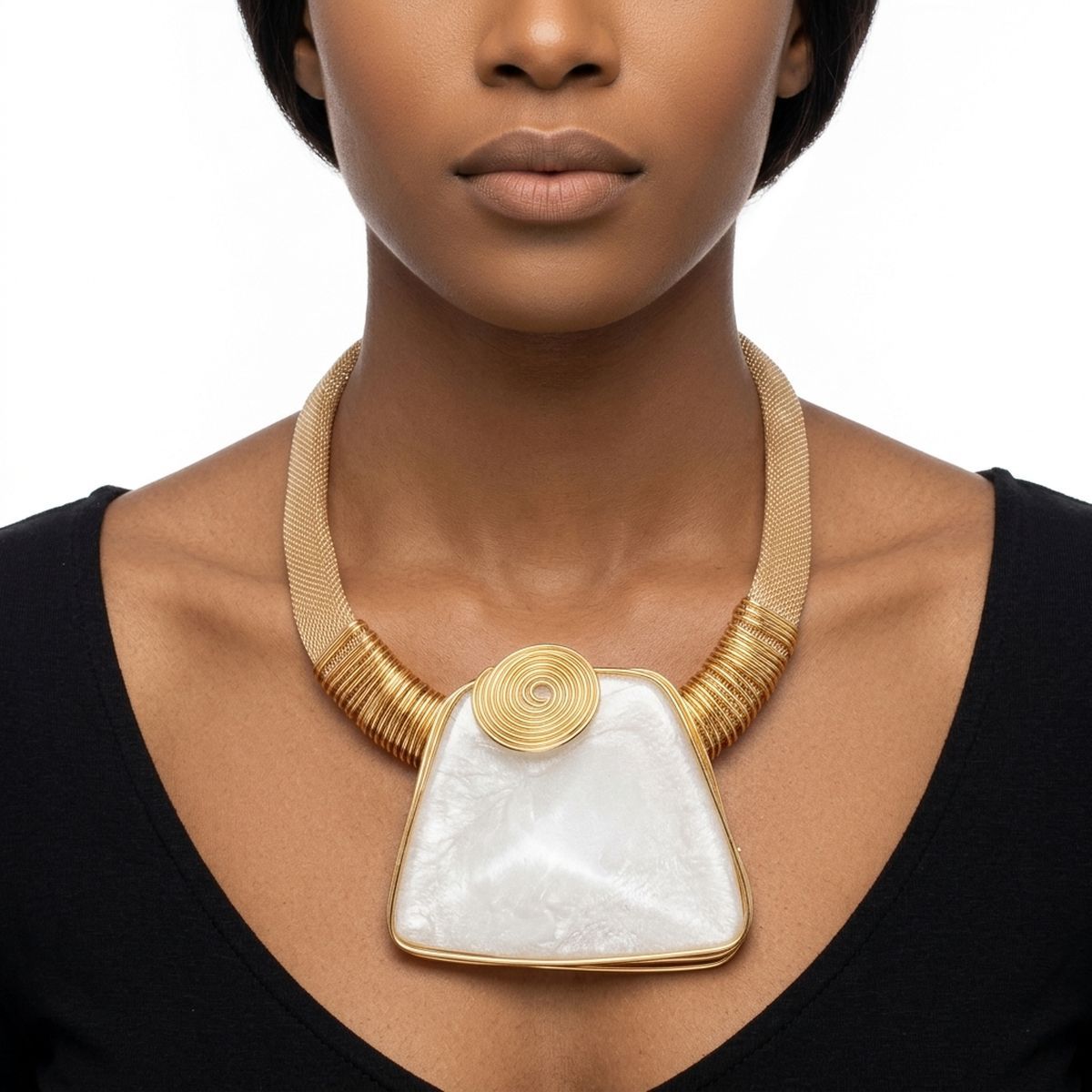 Large White Resin Pendant Gold Collar Necklace
