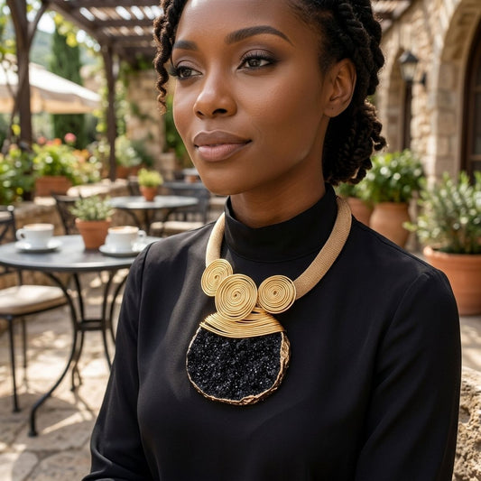 Black Druzy Stone Pendant Gold Collar Necklace