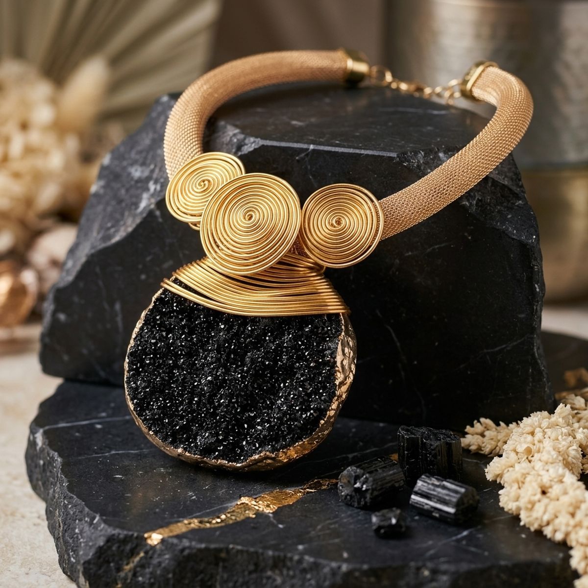 Black Druzy Stone Pendant Gold Collar Necklace