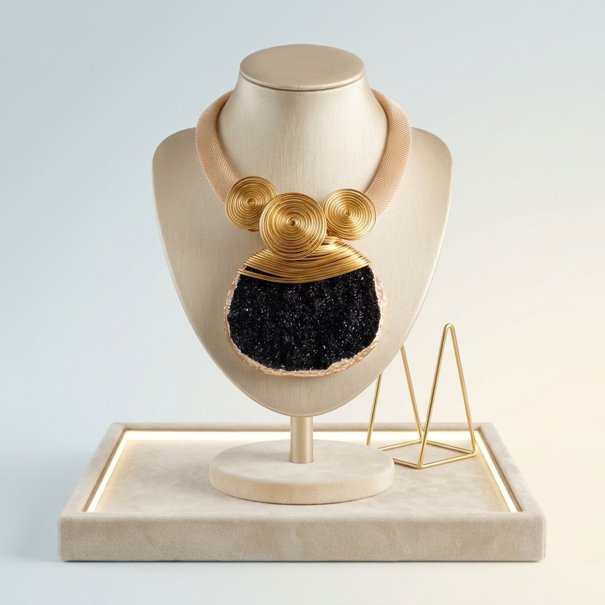 Black Druzy Stone Pendant Gold Collar Necklace