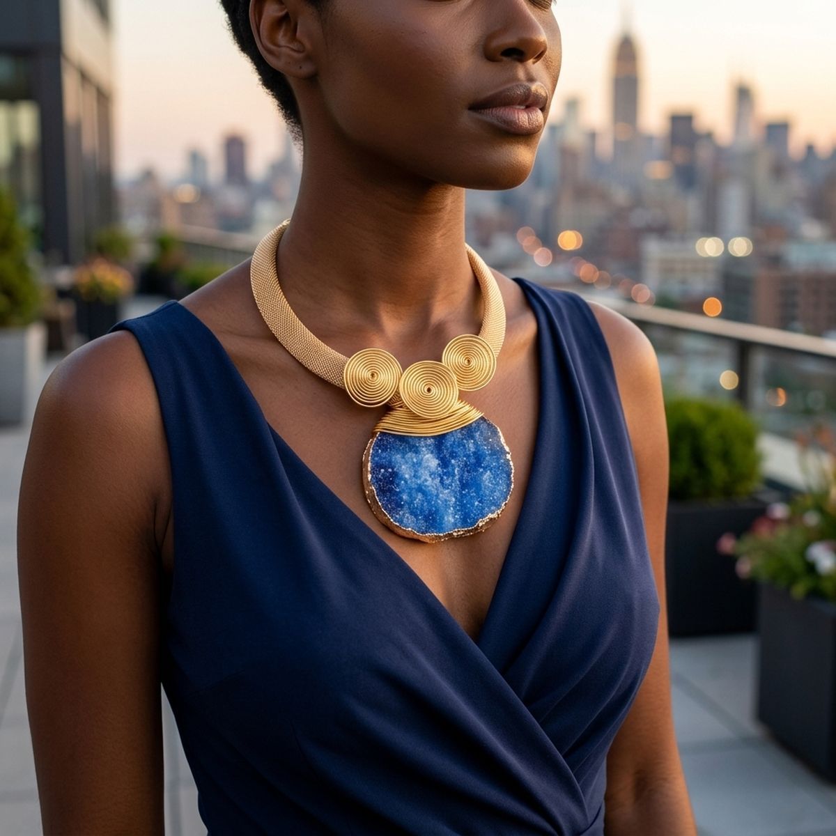 Blue Druzy Stone Pendant Gold Collar Necklace