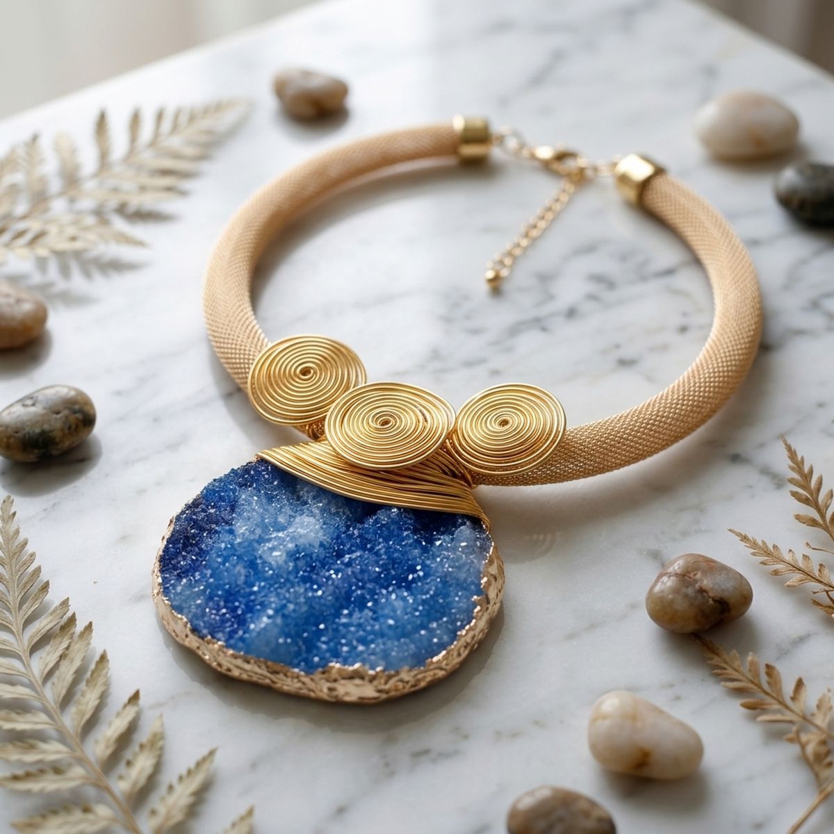 Blue Druzy Stone Pendant Gold Collar Necklace