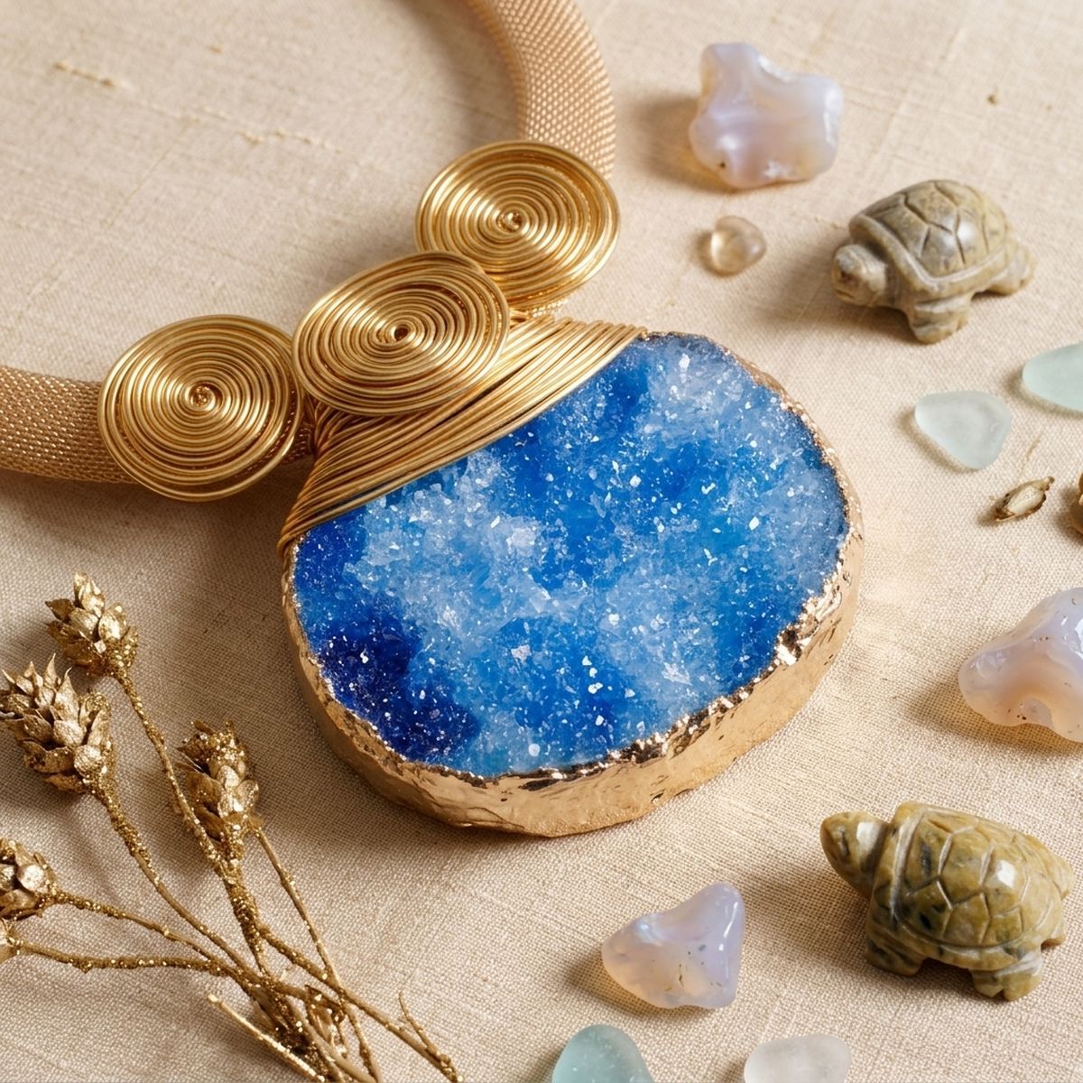 Blue Druzy Stone Pendant Gold Collar Necklace
