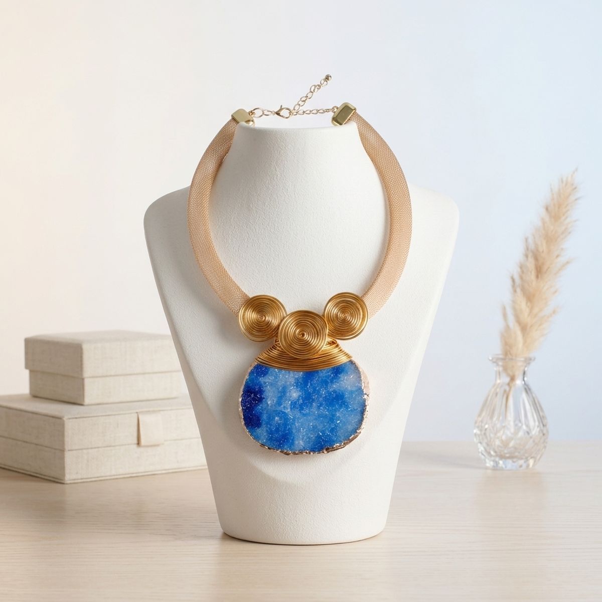 Blue Druzy Stone Pendant Gold Collar Necklace