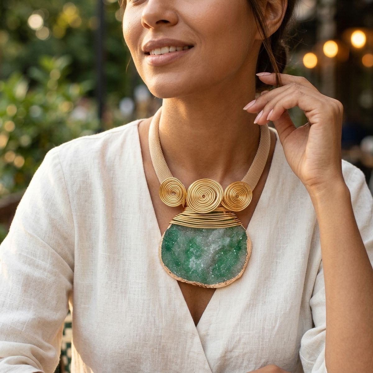 Green Druzy Stone Pendant Gold Collar Necklace
