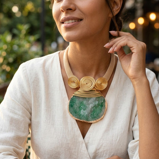 Green Druzy Stone Pendant Gold Collar Necklace