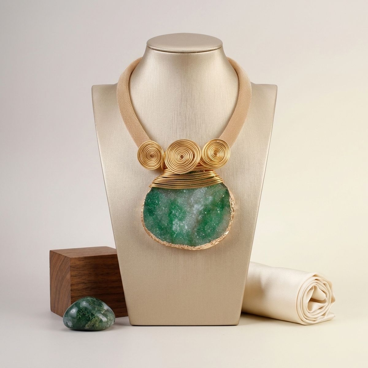 Green Druzy Stone Pendant Gold Collar Necklace