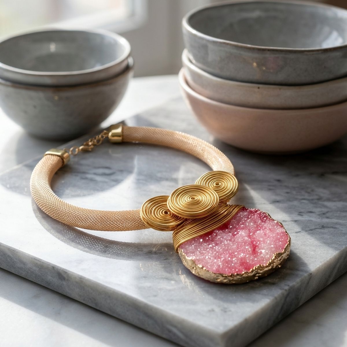 Pink Druzy Stone Pendant Gold Collar Necklace