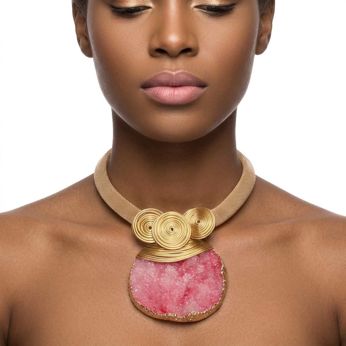 Pink Druzy Stone Pendant Gold Collar Necklace