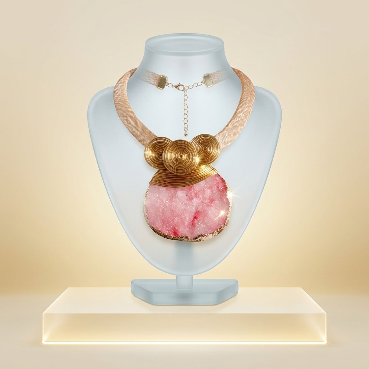 Pink Druzy Stone Pendant Gold Collar Necklace