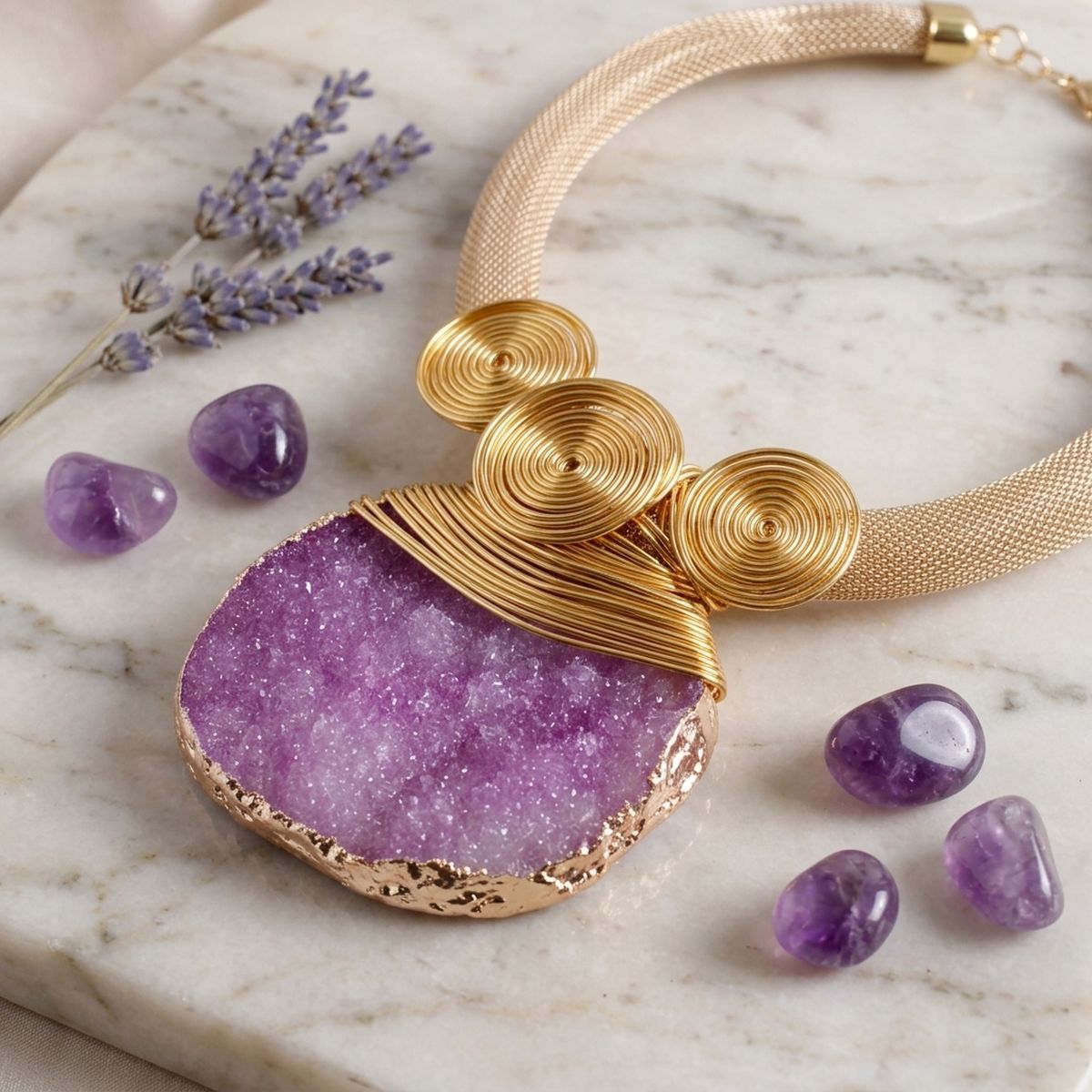 Purple Druzy Stone Pendant Gold Collar Necklace