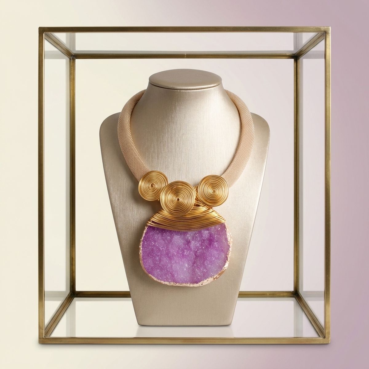 Purple Druzy Stone Pendant Gold Collar Necklace
