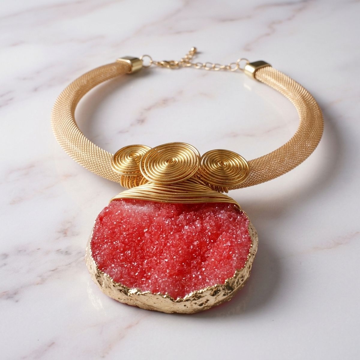 Red Druzy Stone Pendant Gold Collar Necklace