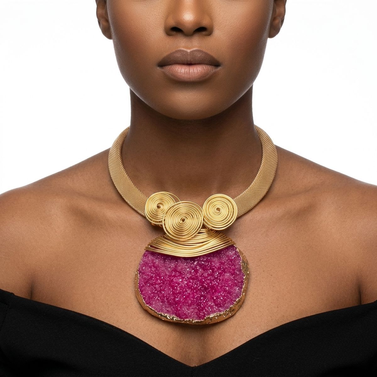 Red Druzy Stone Pendant Gold Collar Necklace