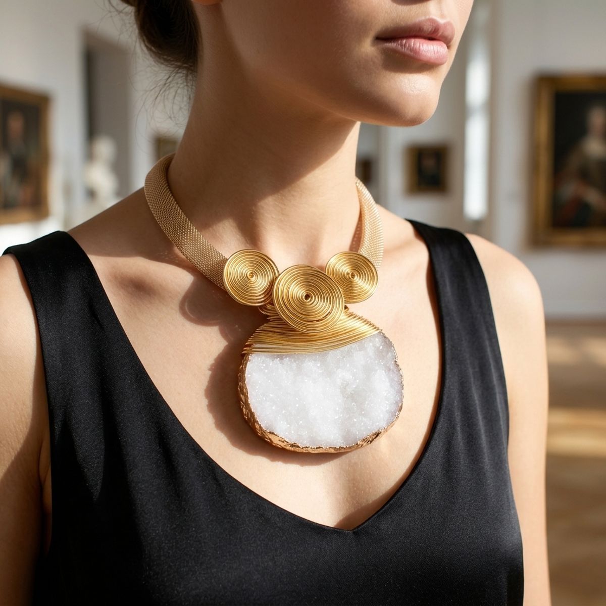 White Druzy Stone Pendant Gold Collar Necklace