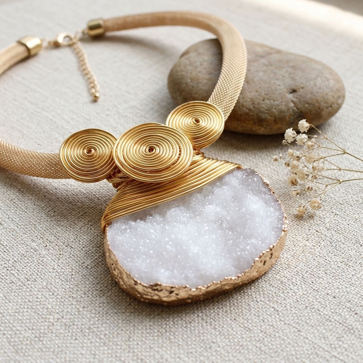 White Druzy Stone Pendant Gold Collar Necklace