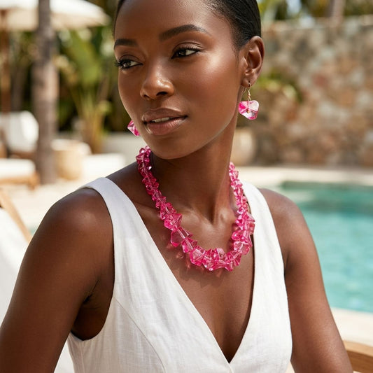 Translucent Pink Bead Rock Candy Necklace Set