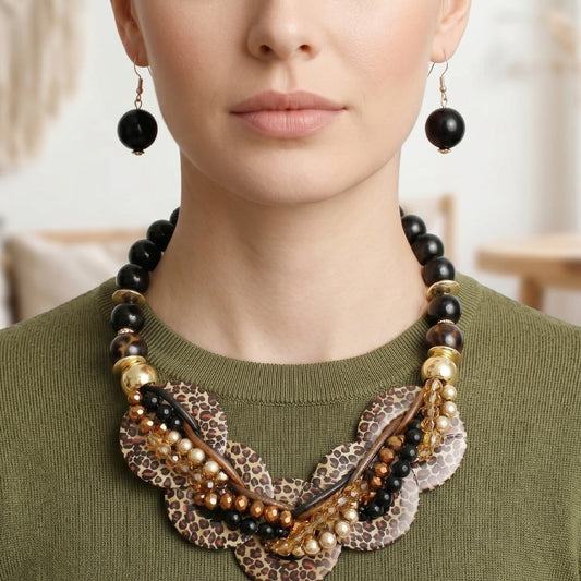 Leopard Print Disc Black Beaded Collar Necklace