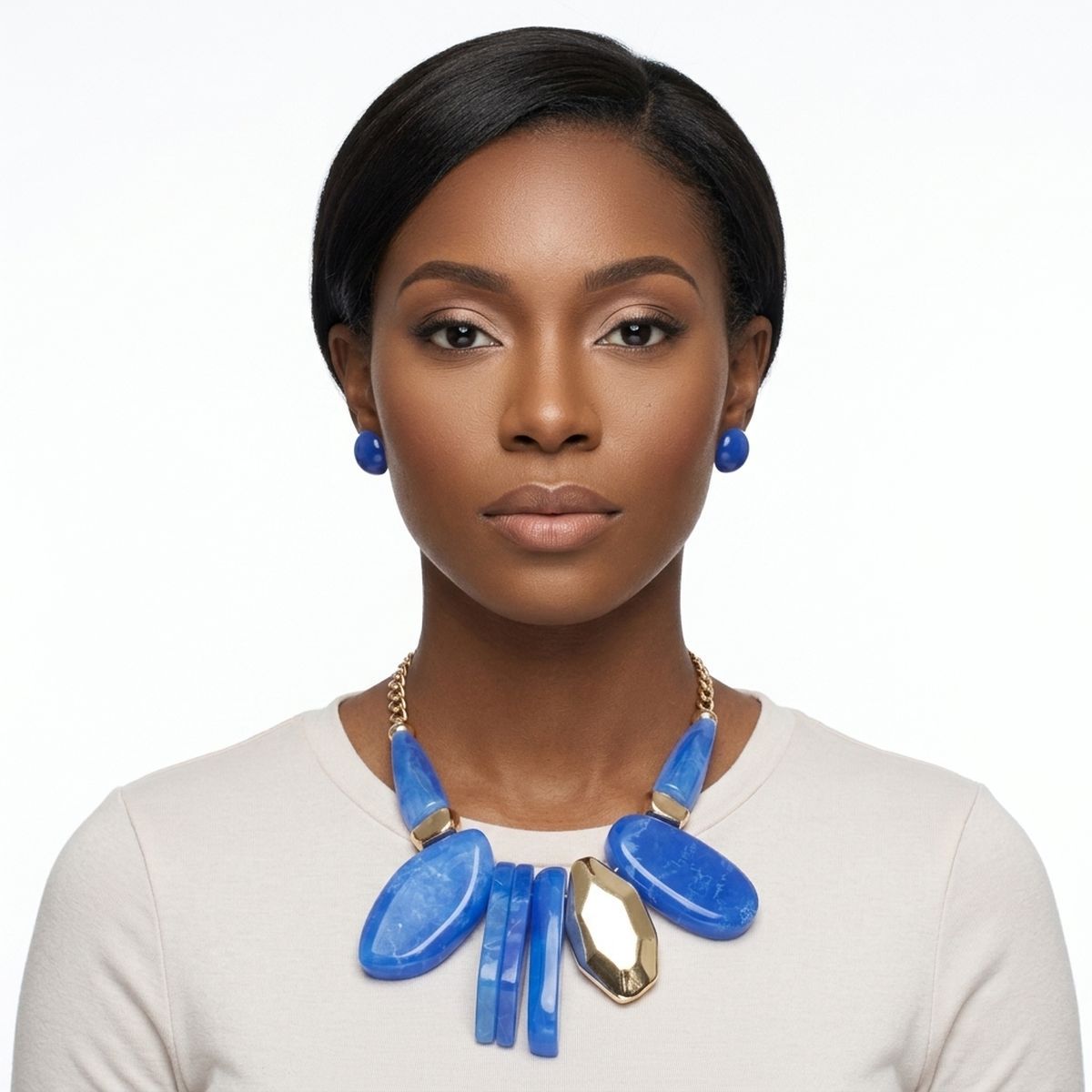 Chunky Blue Geometric Marbled Resin Bib Necklace