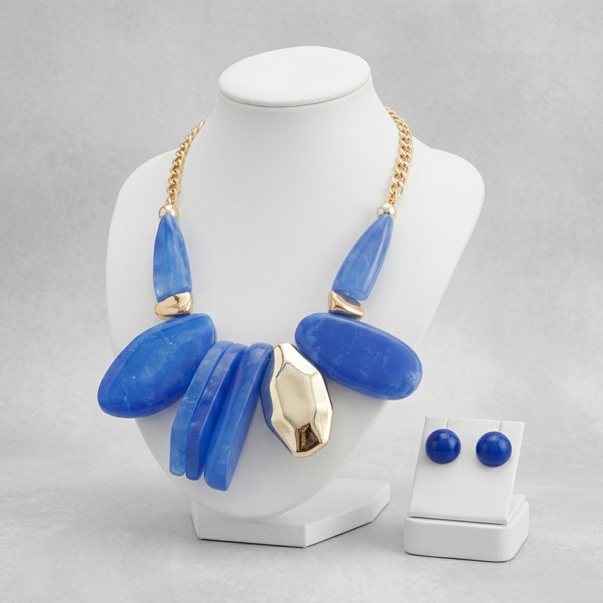 Chunky Blue Geometric Marbled Resin Bib Necklace