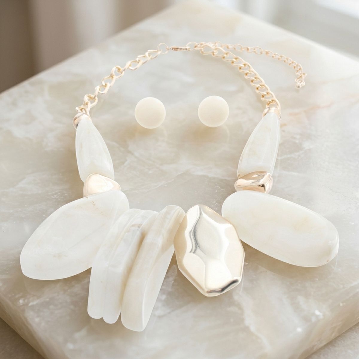 Chunky Ivory Geometric Marbled Resin Bib Necklace