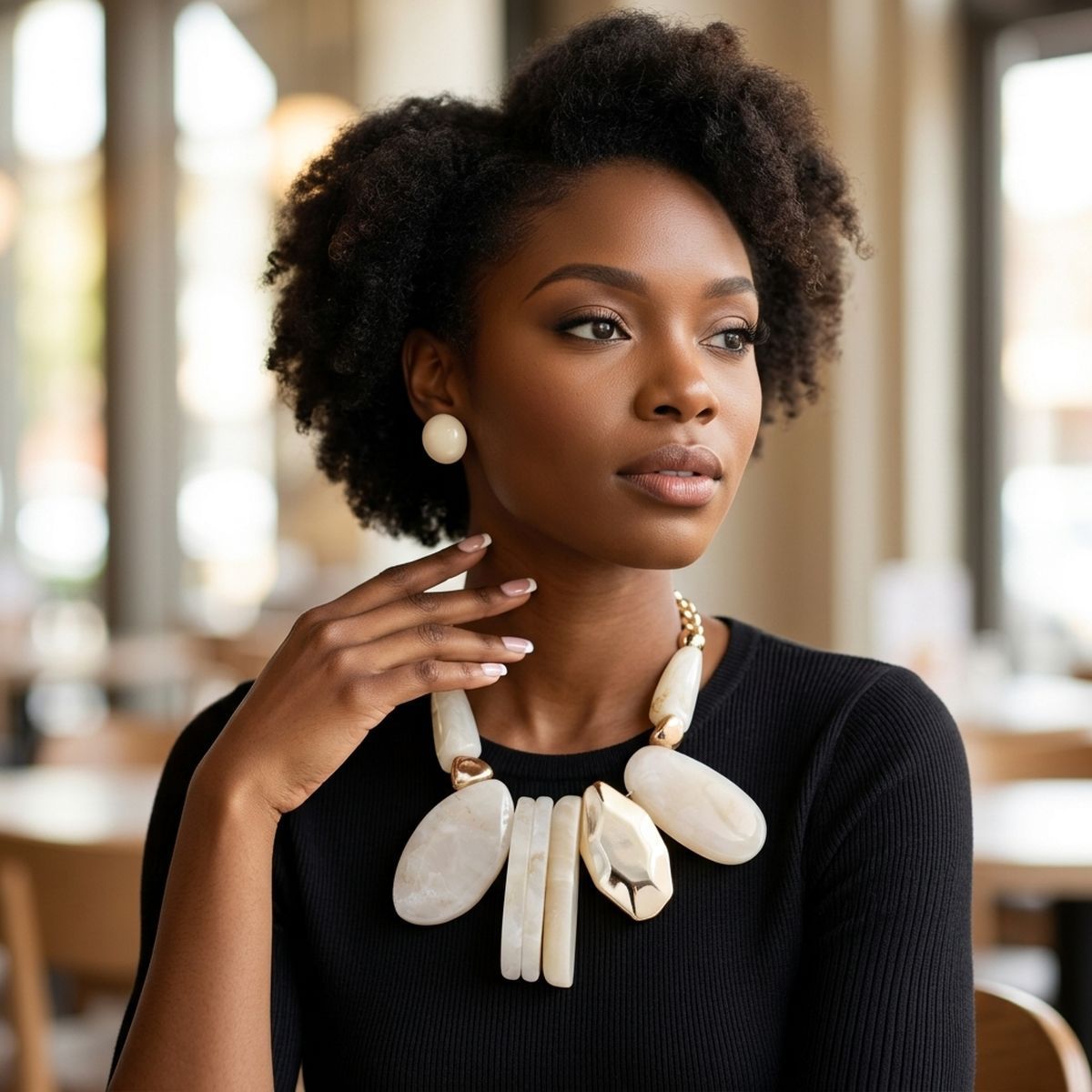 Chunky Ivory Geometric Marbled Resin Bib Necklace