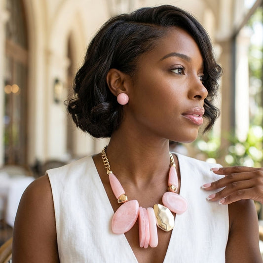 Chunky Pink Geometric Marbled Resin Bib Necklace