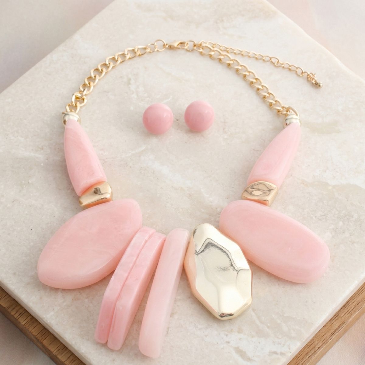 Chunky Pink Geometric Marbled Resin Bib Necklace