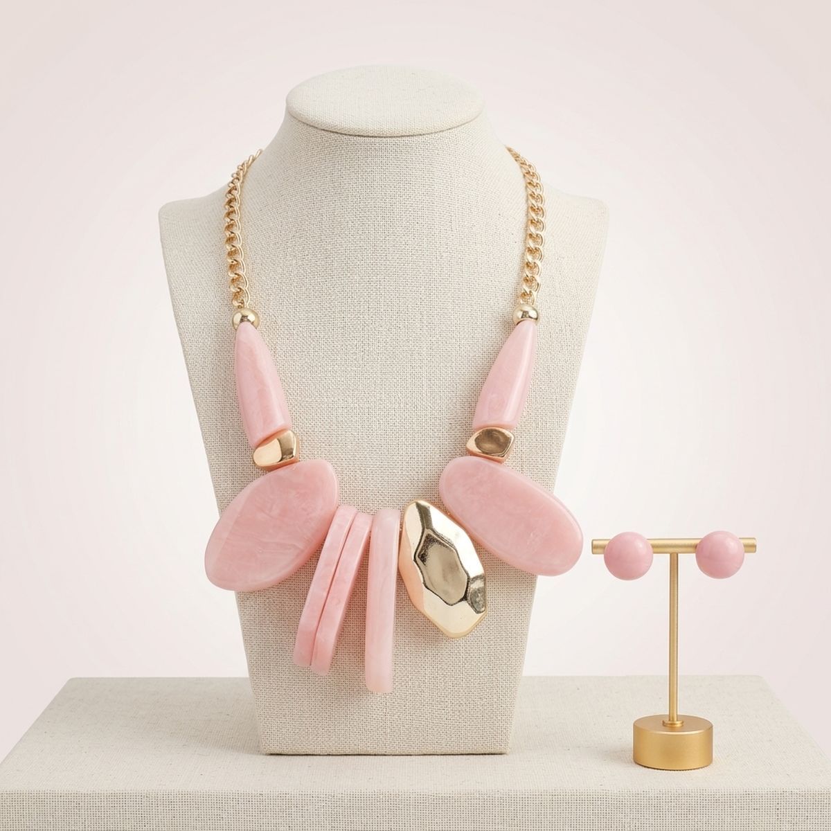 Chunky Pink Geometric Marbled Resin Bib Necklace