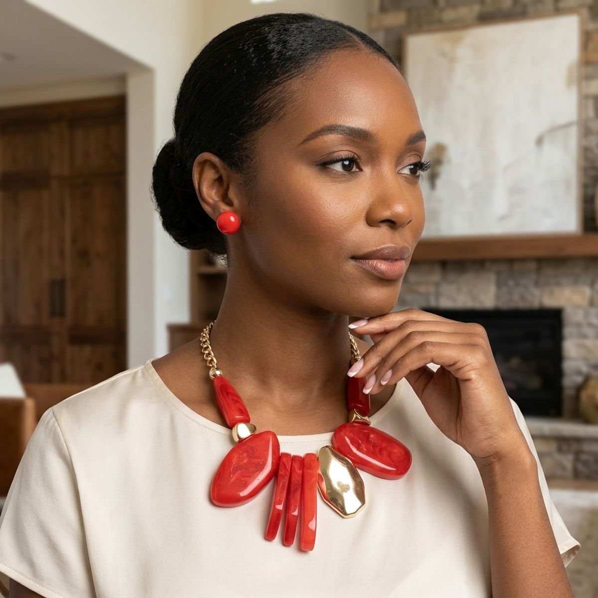 Chunky Red Geometric Marbled Resin Bib Necklace