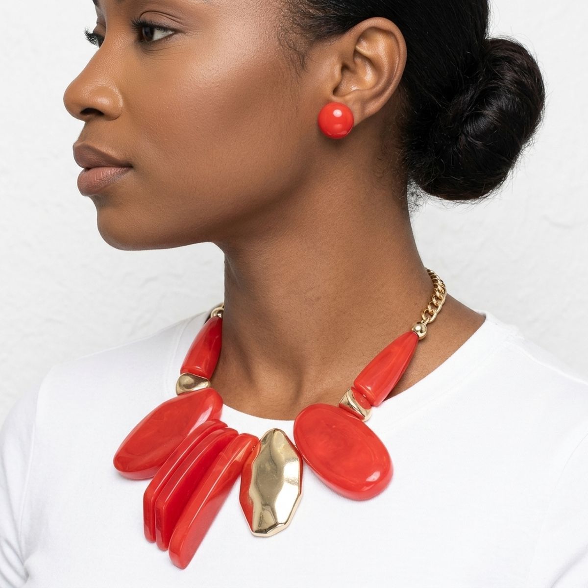 Chunky Red Geometric Marbled Resin Bib Necklace