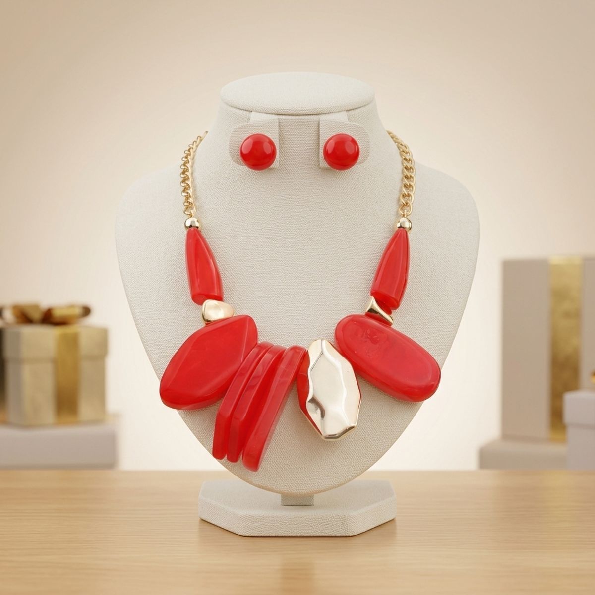 Chunky Red Geometric Marbled Resin Bib Necklace