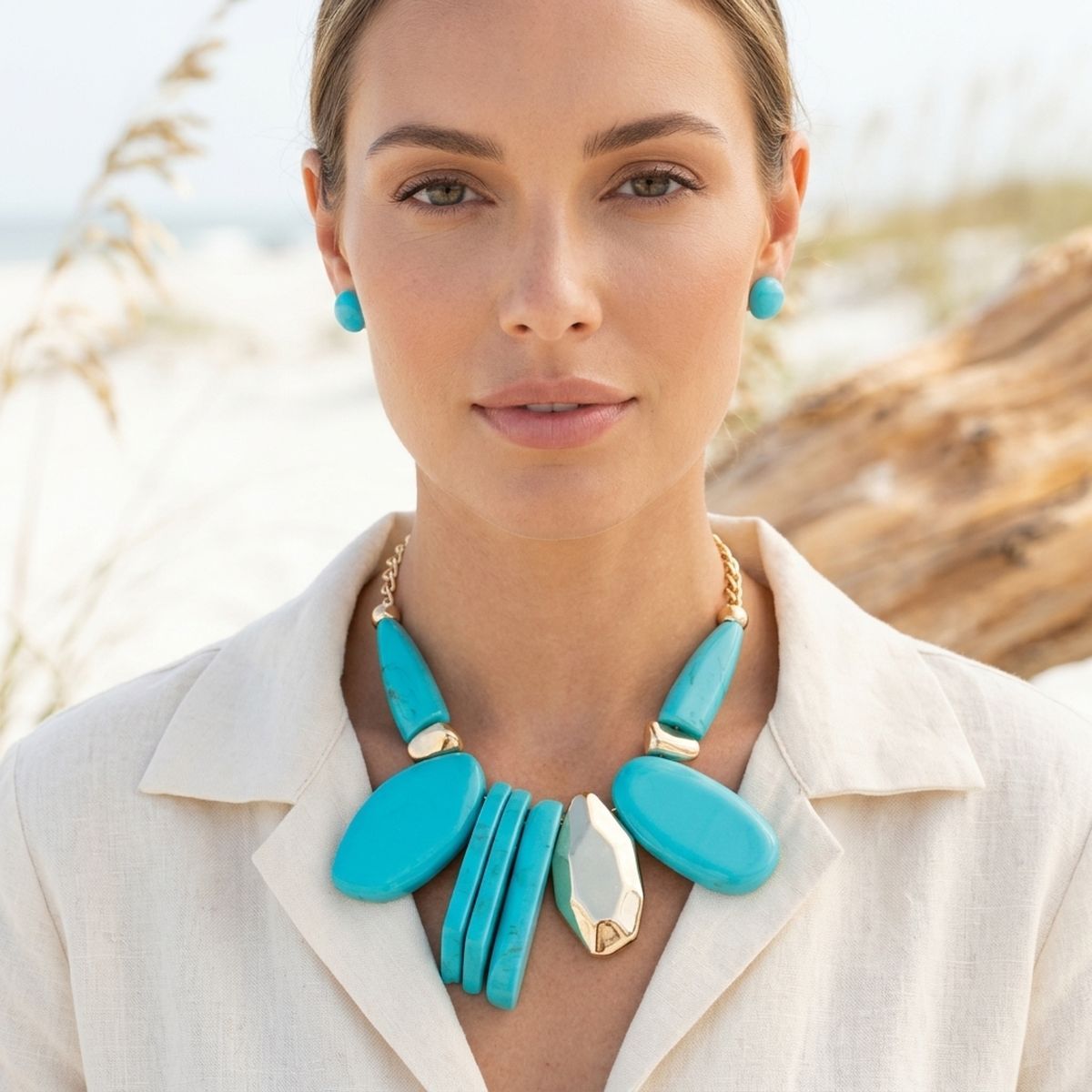 Chunky Turquoise Geo Marbled Resin Bib Necklace