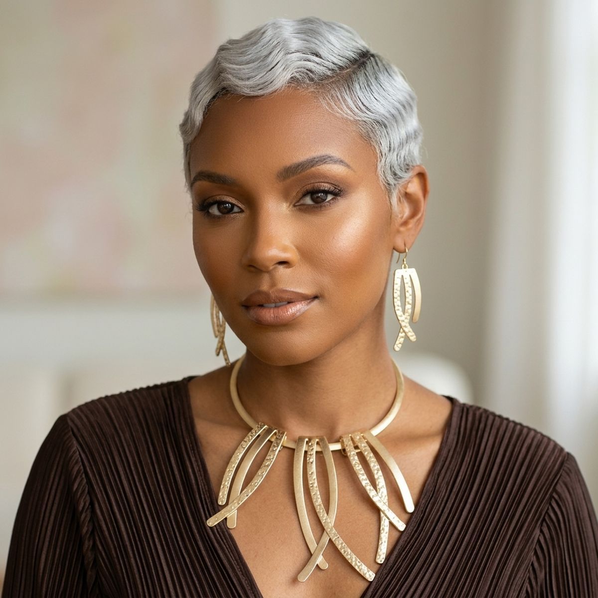Matte Gold Abstract Rigid Fringe Choker Necklace