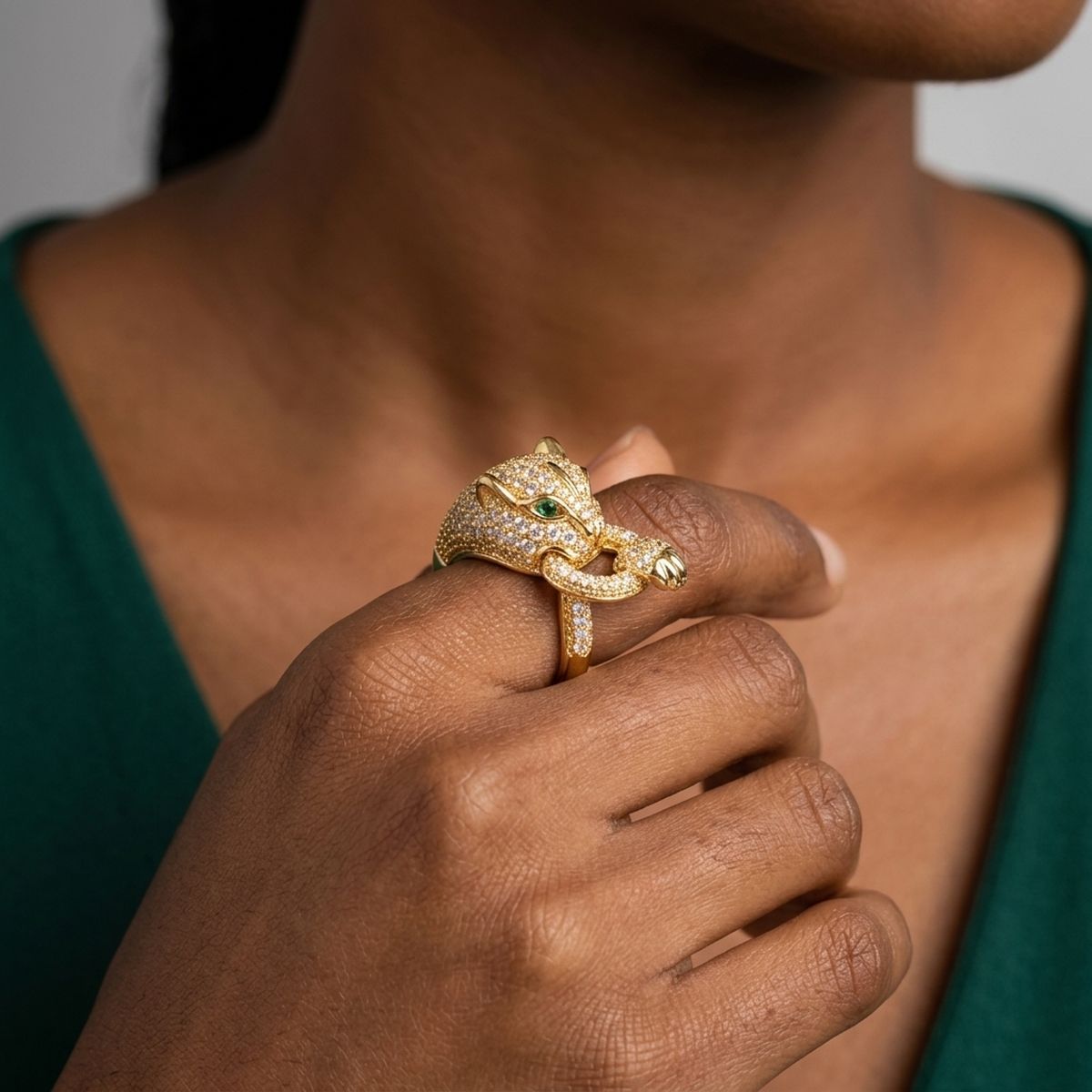 Gold CZ Pave Panther Adjustable Cocktail Ring