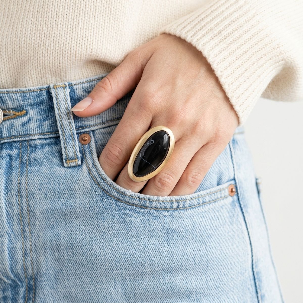 Marbled Black Oversized Organic Matte Gold Ring