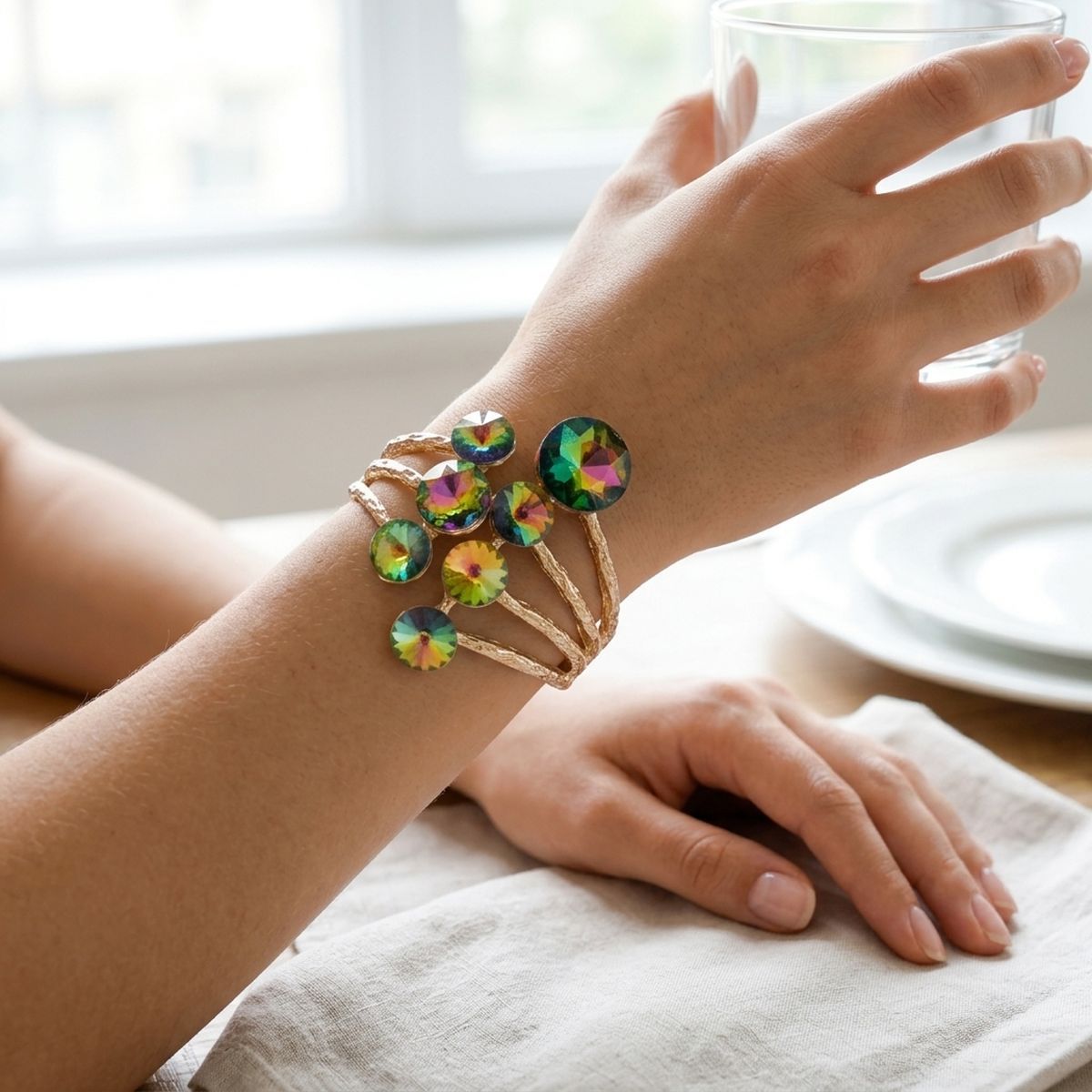 Round Pink Green Glass Crystal Cuff Bracelet
