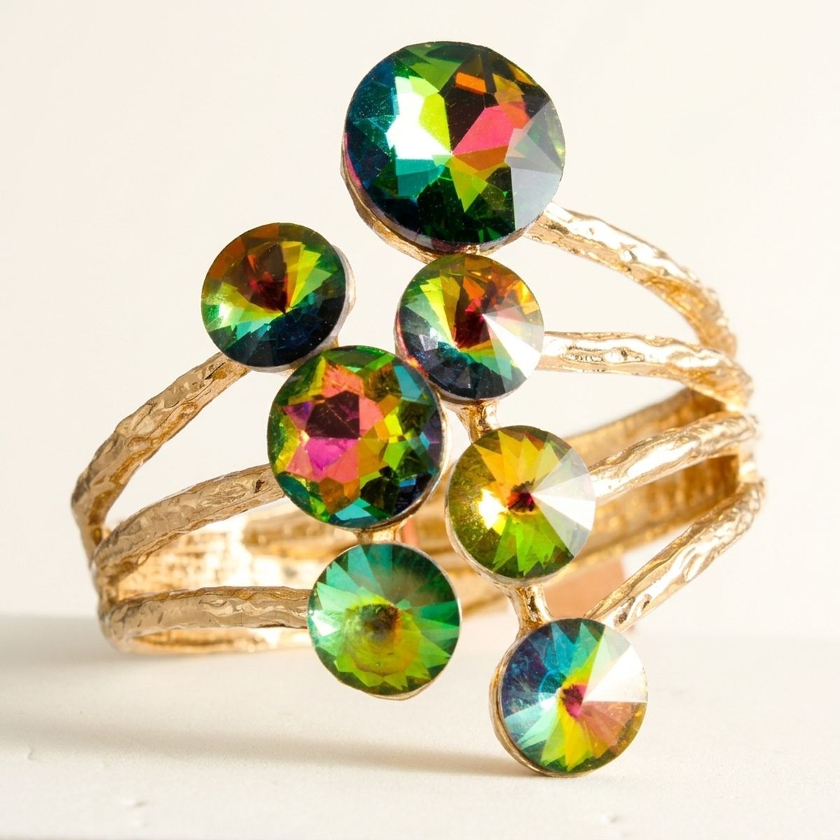 Round Pink Green Glass Crystal Cuff Bracelet