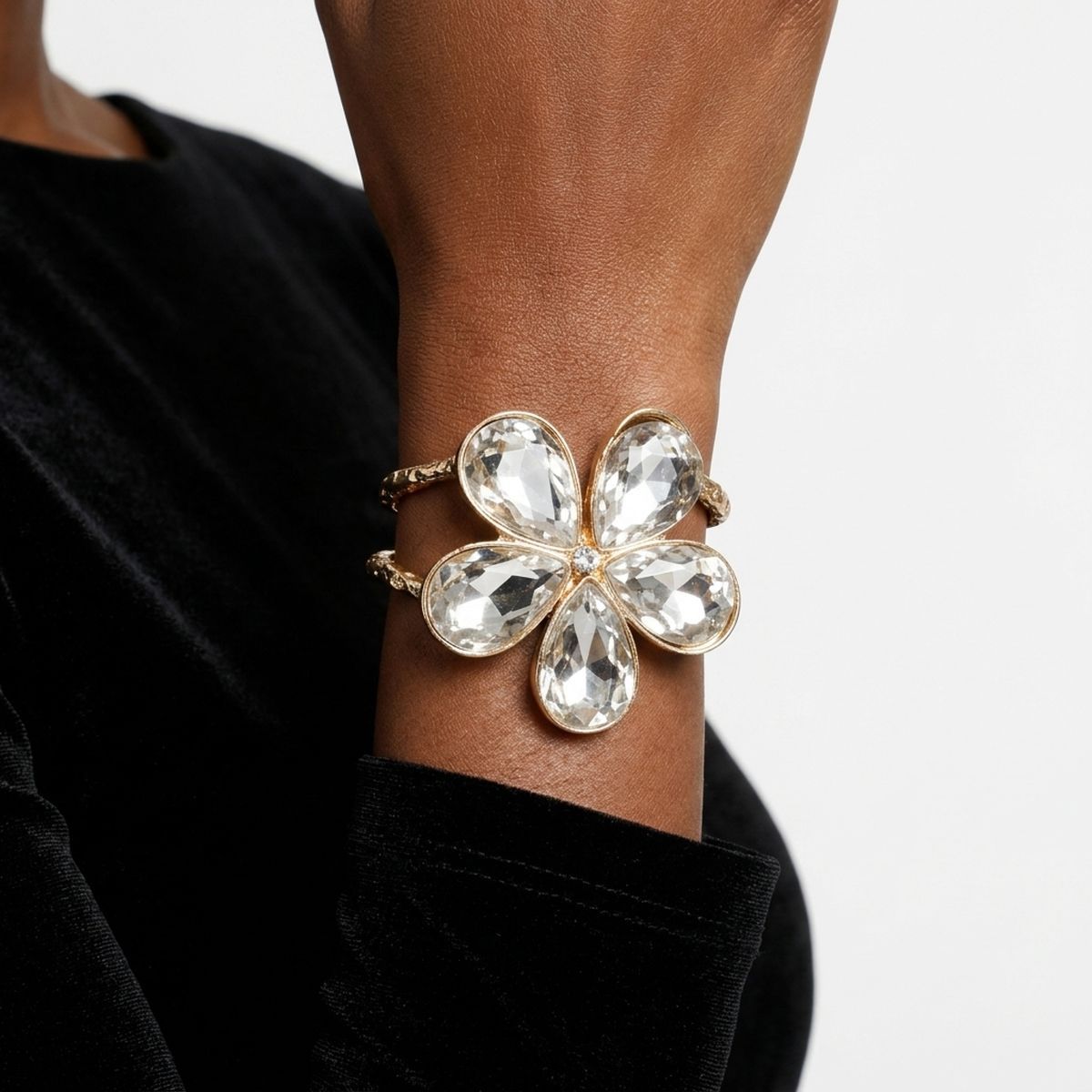 Gold Glass Crystal Daisy Flower Cuff Bracelet