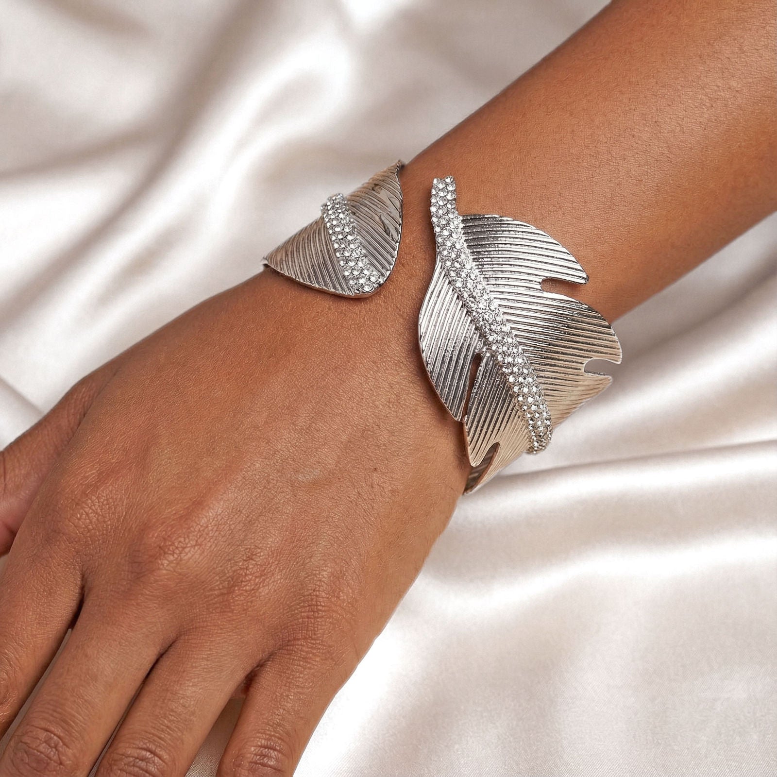 Cuff Silver Leaf Motif Shimmering Stone Bracelet