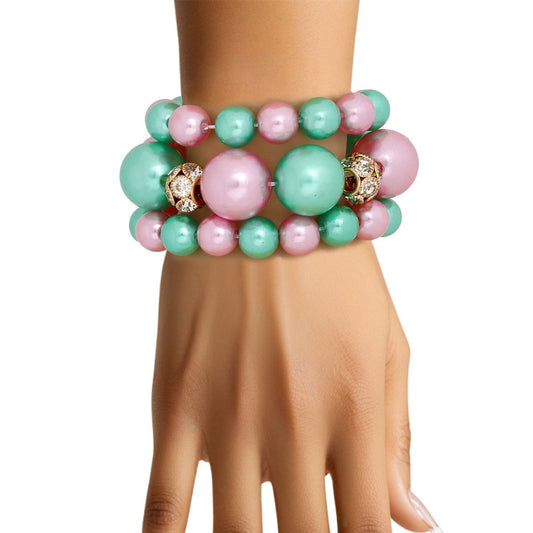 AKA Pink Green Pearl 3 Pcs Chunky Bracelet Set
