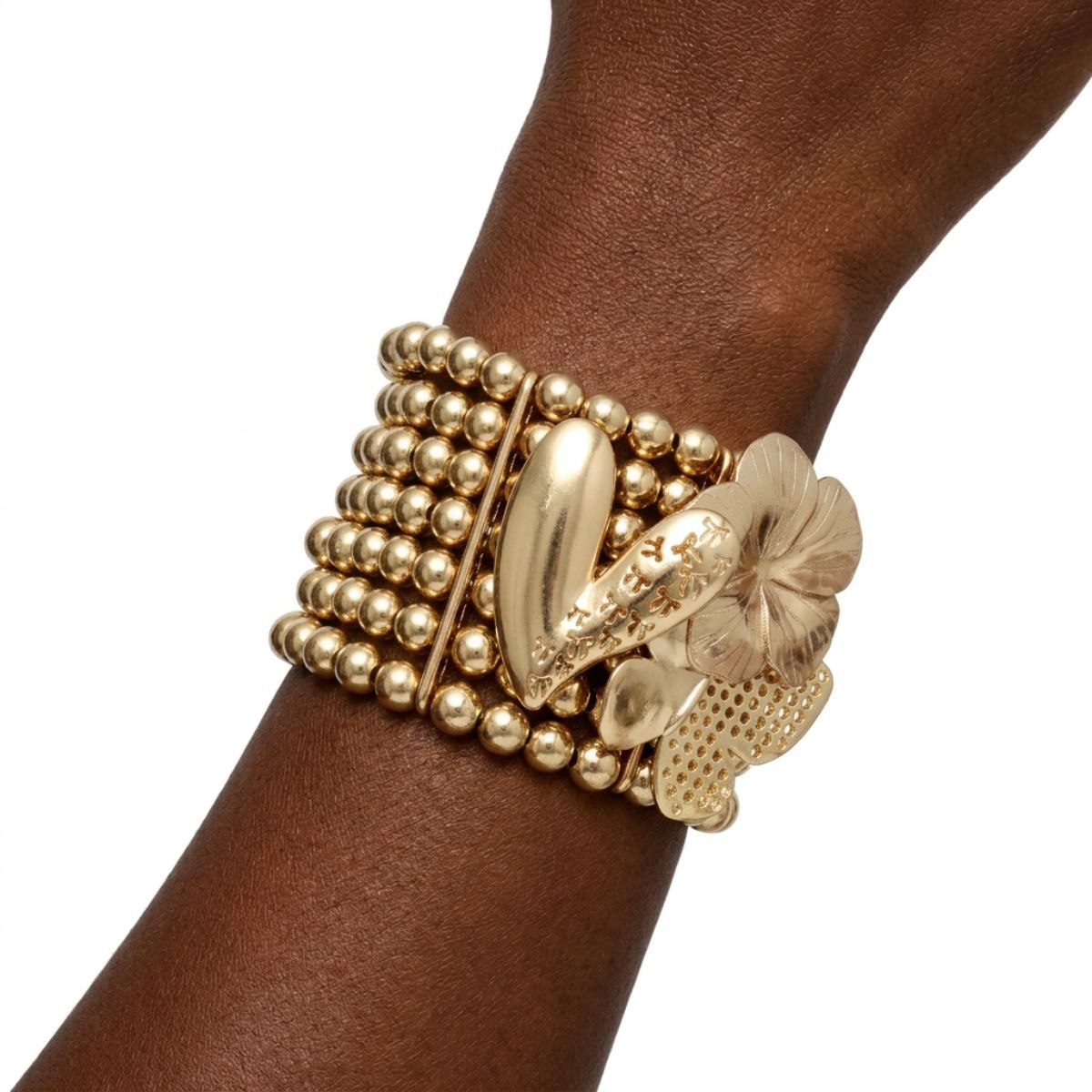 Gold 7 Row Beaded Spring Motif Stretch Bracelet