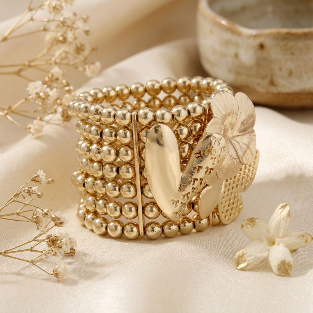 Gold 7 Row Beaded Spring Motif Stretch Bracelet