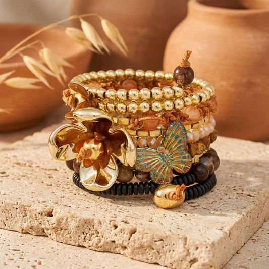 Memory Wire Earthy Bead Butterfly Flower Bracelet