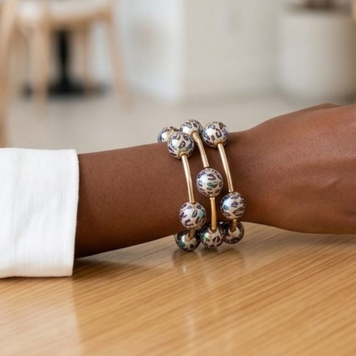 Iridescent Leopard Bead 3pcs Stretch Bracelet Set