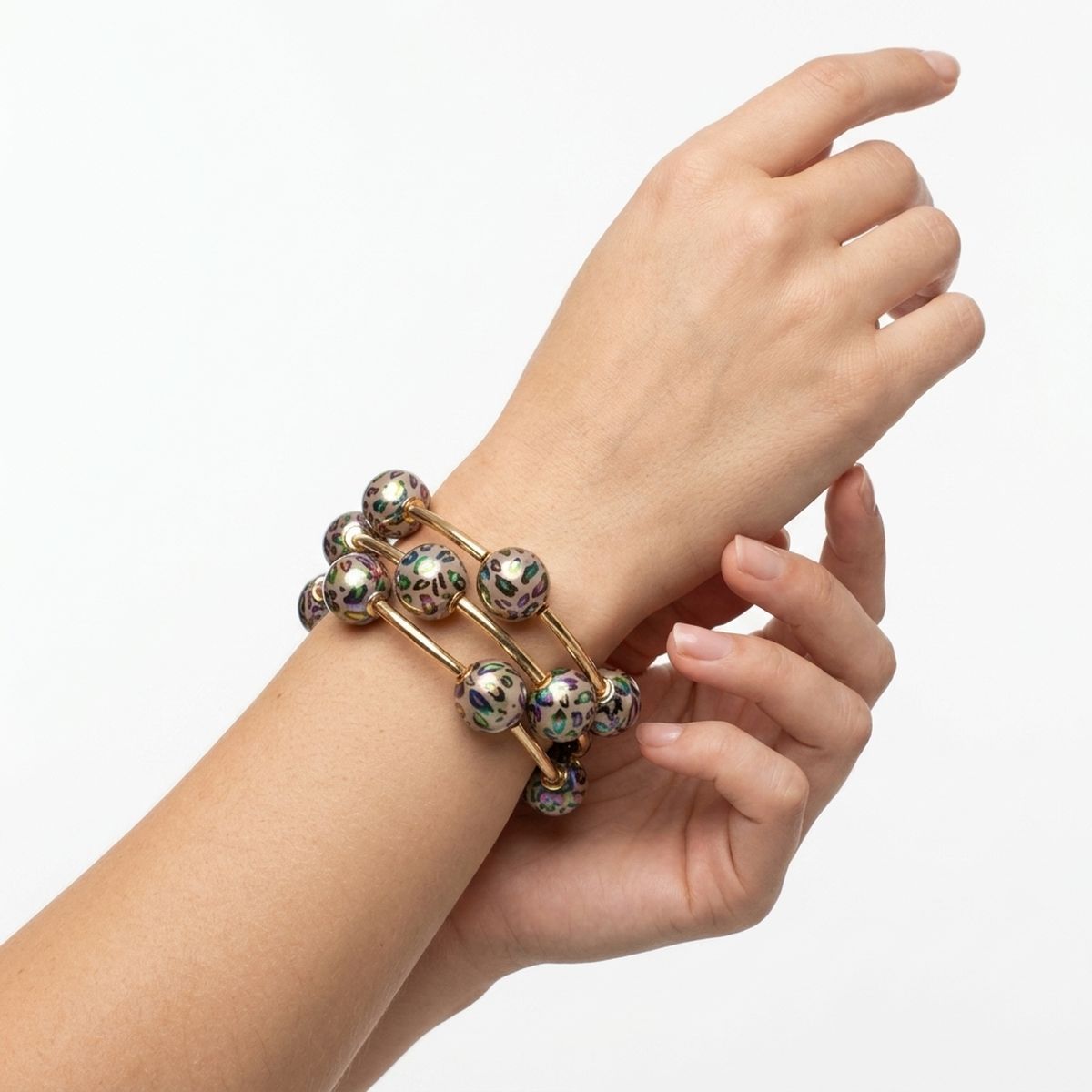 Iridescent Leopard Bead 3pcs Stretch Bracelet Set